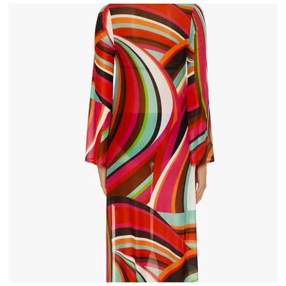 Trina Turk swoop fluted sleeve maxi coverup size medium new with tags pink green - Picture 2 of 14